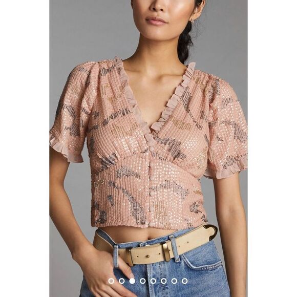 Anthropologie x Forever That Girl Sequined V-Neck Blouse Size L - Picture 2 of 11